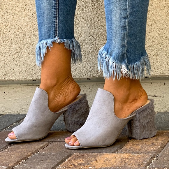 Nordstrom Shoes - Ash Grey Fur Chunky Heel Peep Toe Loafer Mule